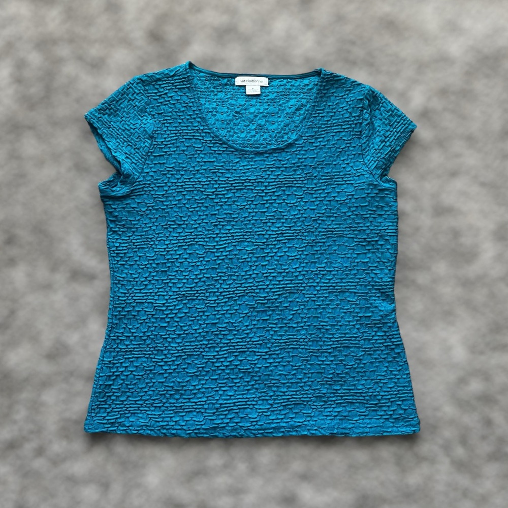 Liz Claiborne Blue Crinkle Short Sleeve Round Neck Stretchy Casual